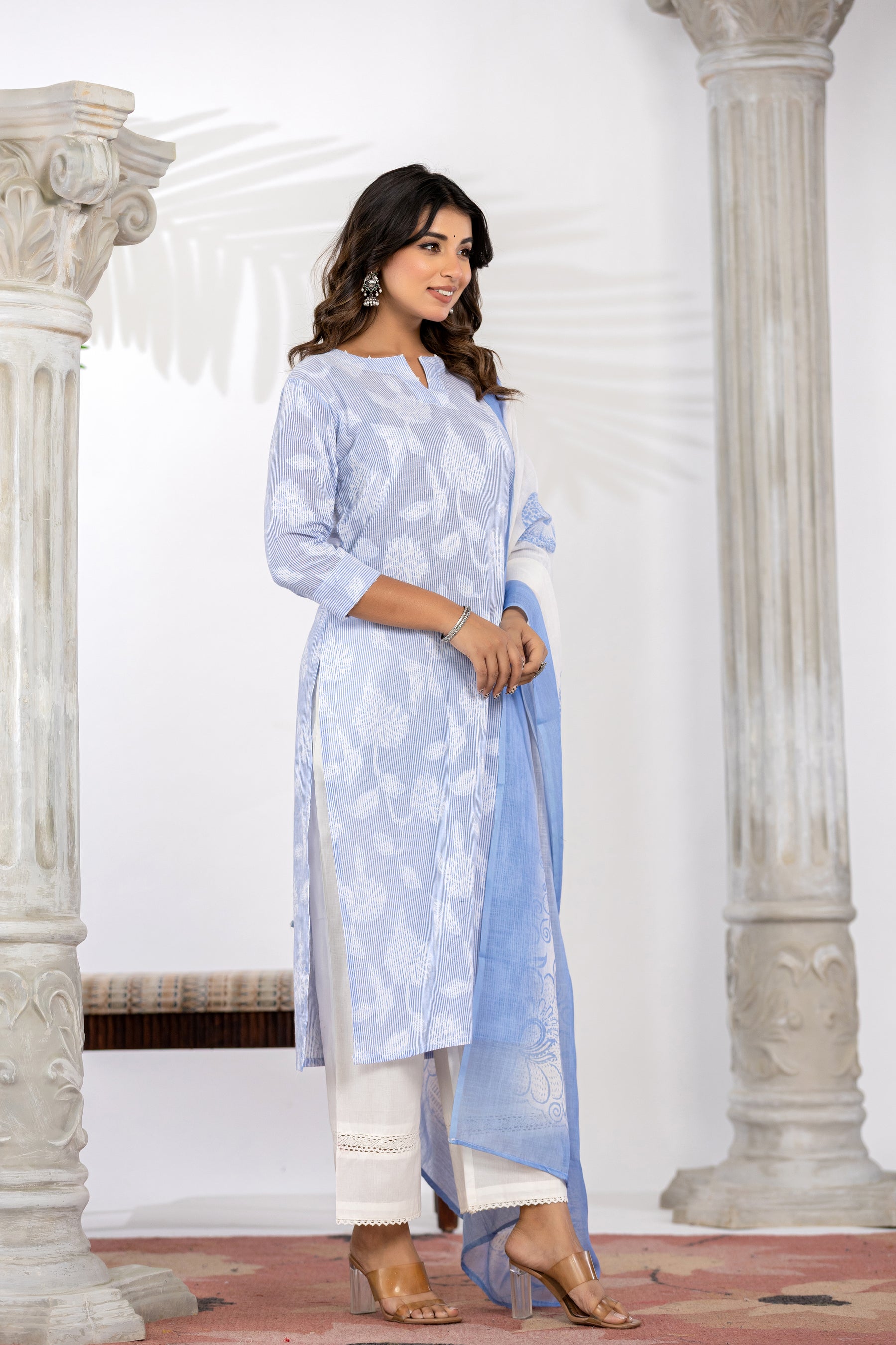 Blue Self-Weaved Kurta Set with Dupatta
