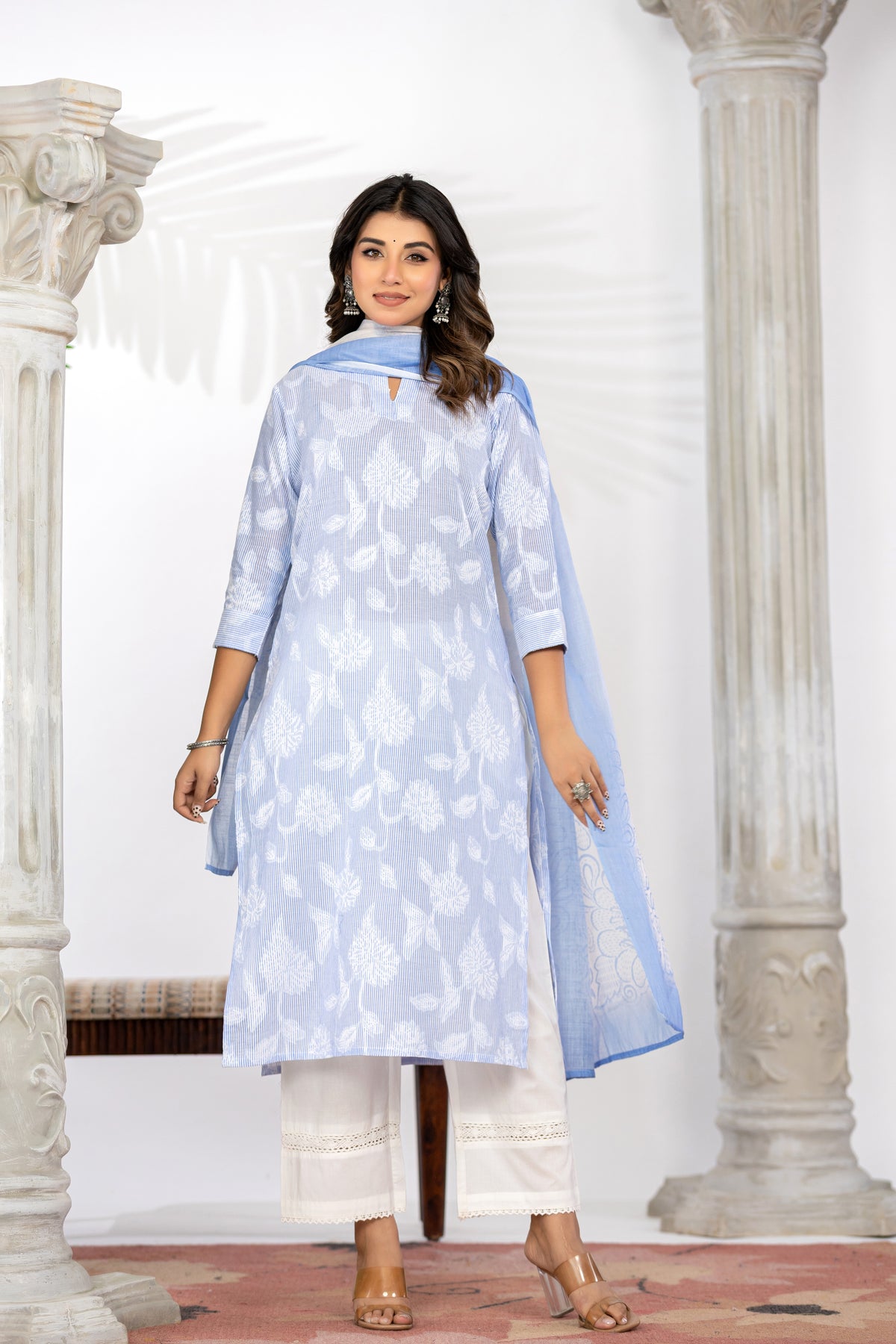 Blue Self-Weaved Kurta Set with Dupatta
