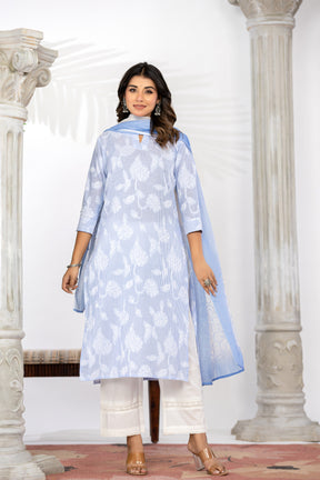 Blue Self-Weaved Kurta Set with Dupatta