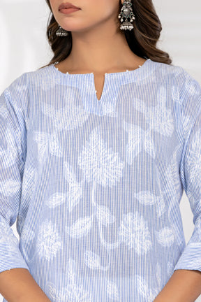 Blue Self-Weaved Kurta Set with Dupatta
