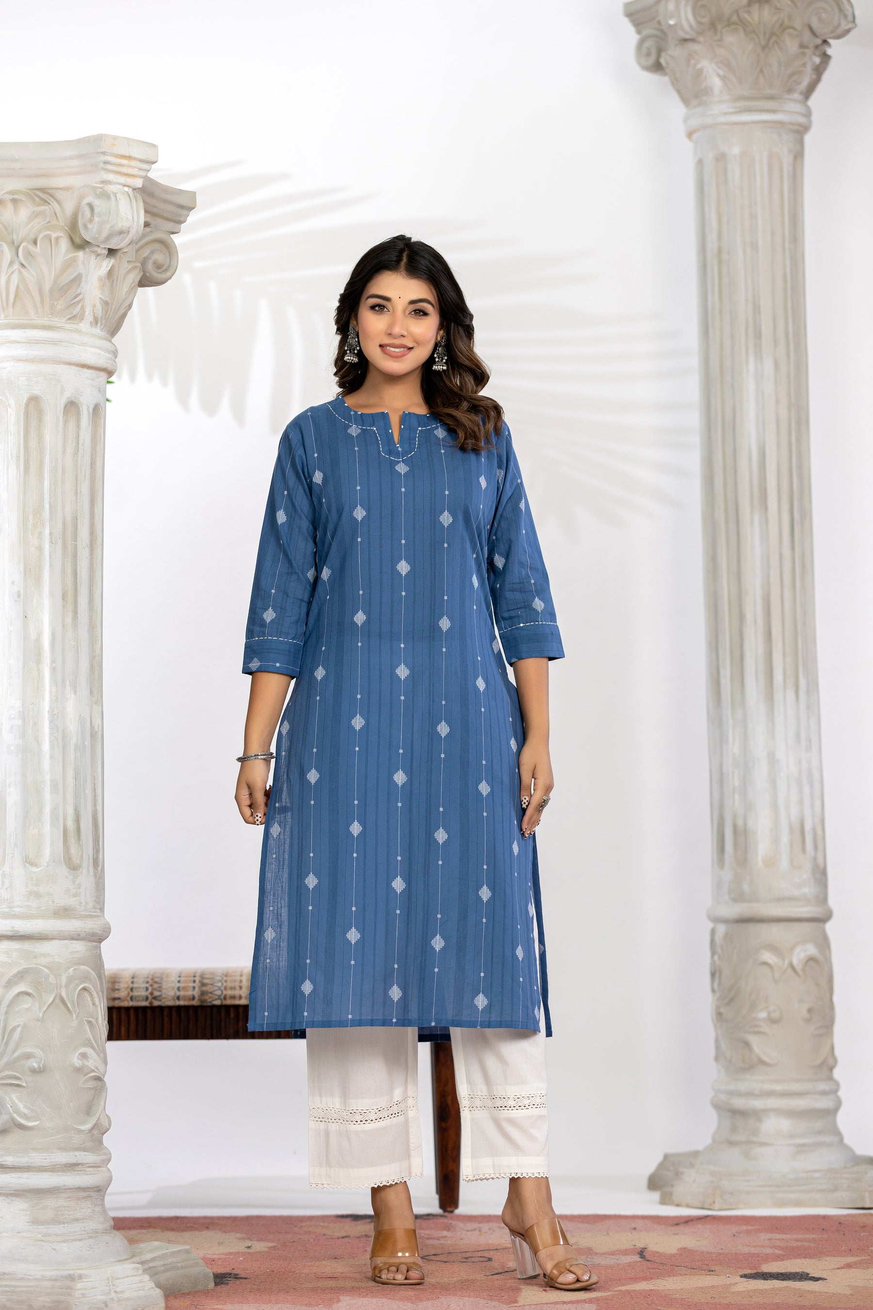 South Cotton Self Weaved Blue Kurta set with Dupatta