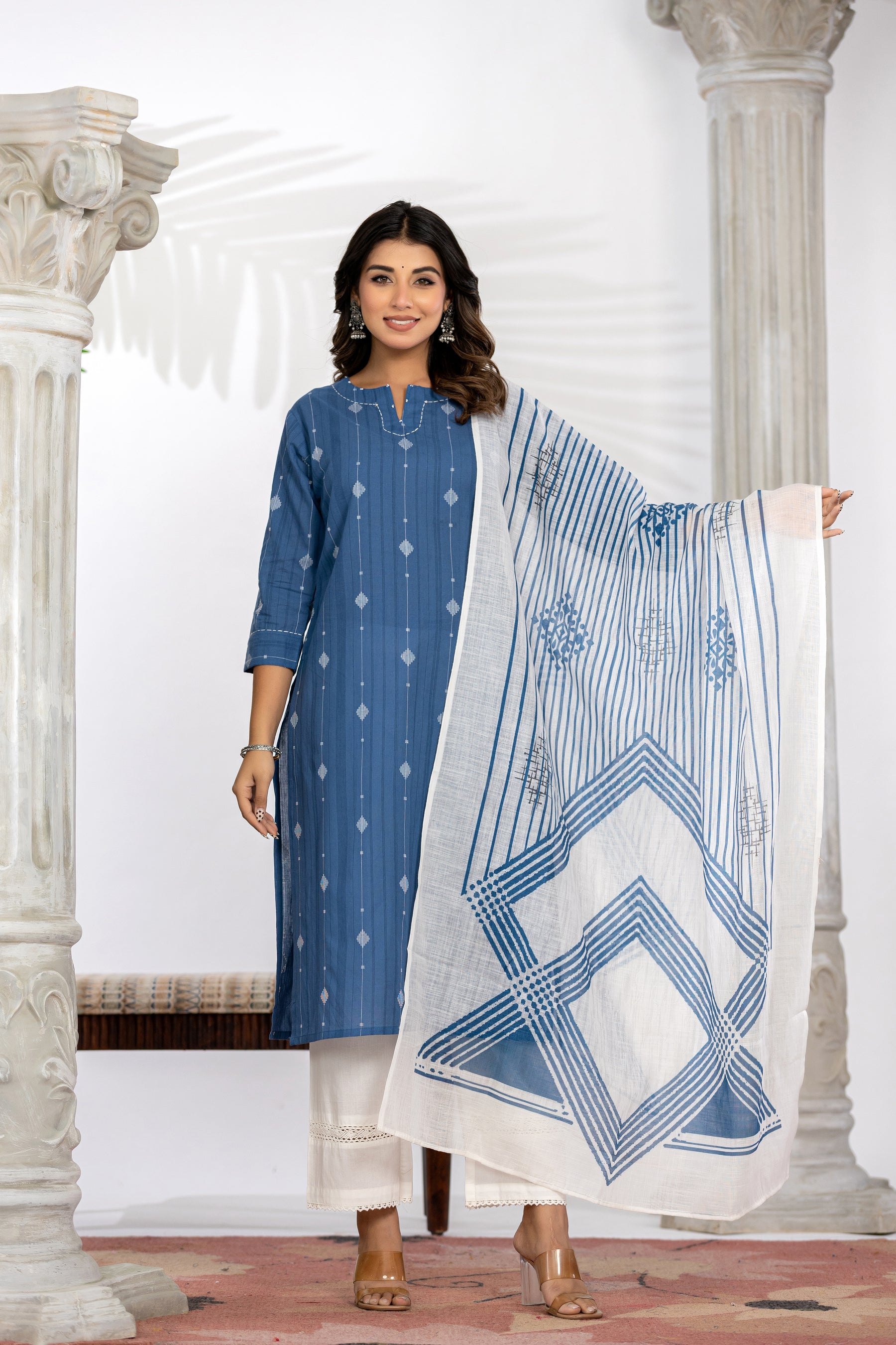 South Cotton Self Weaved Blue Kurta set with Dupatta