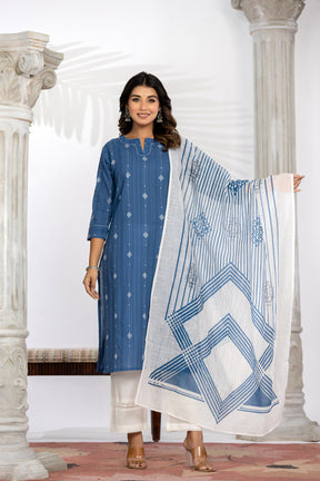 South Cotton Self Weaved Blue Kurta set with Dupatta