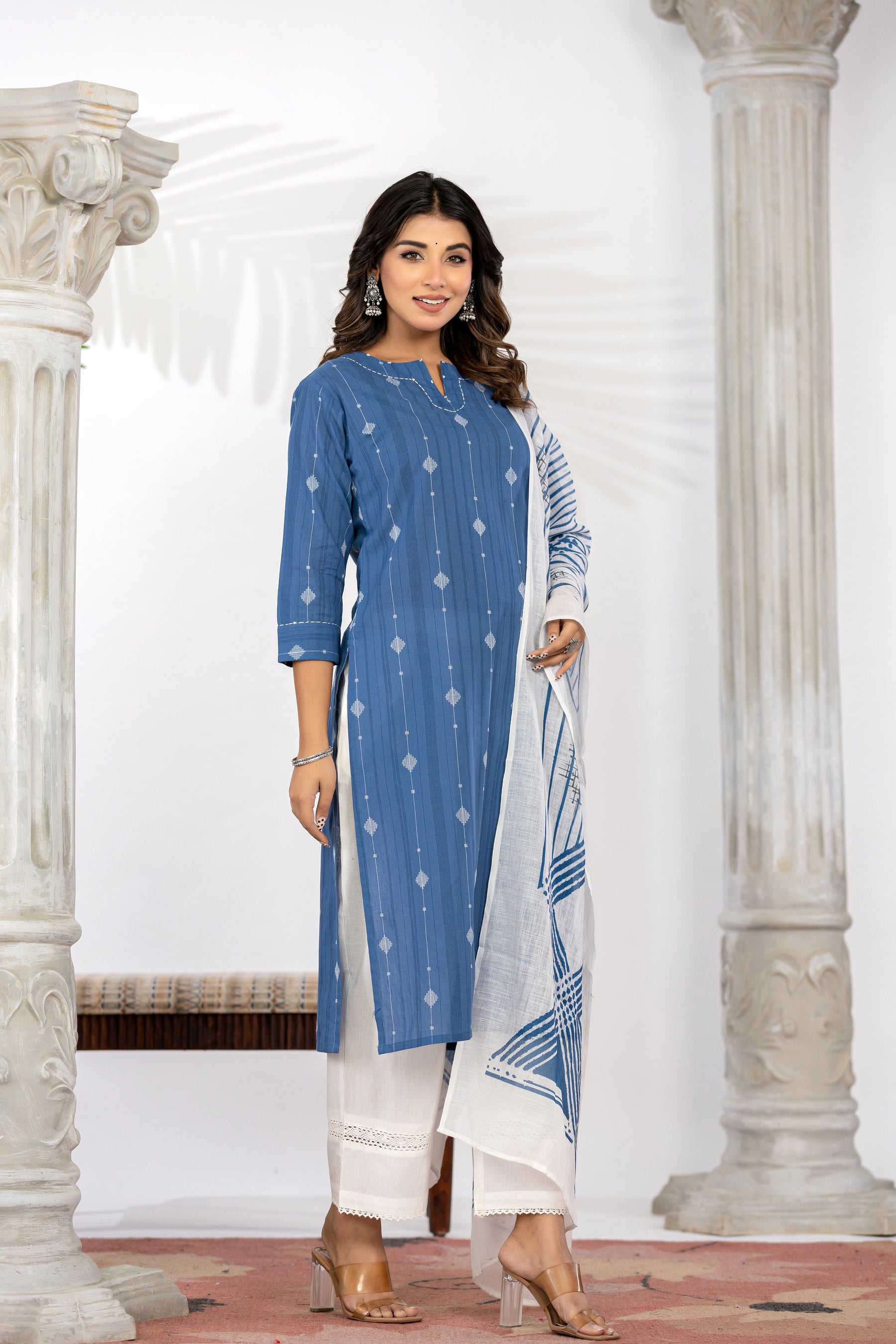 South Cotton Self Weaved Blue Kurta set with Dupatta