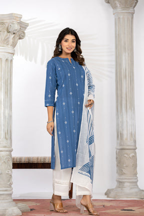 South Cotton Self Weaved Blue Kurta set with Dupatta