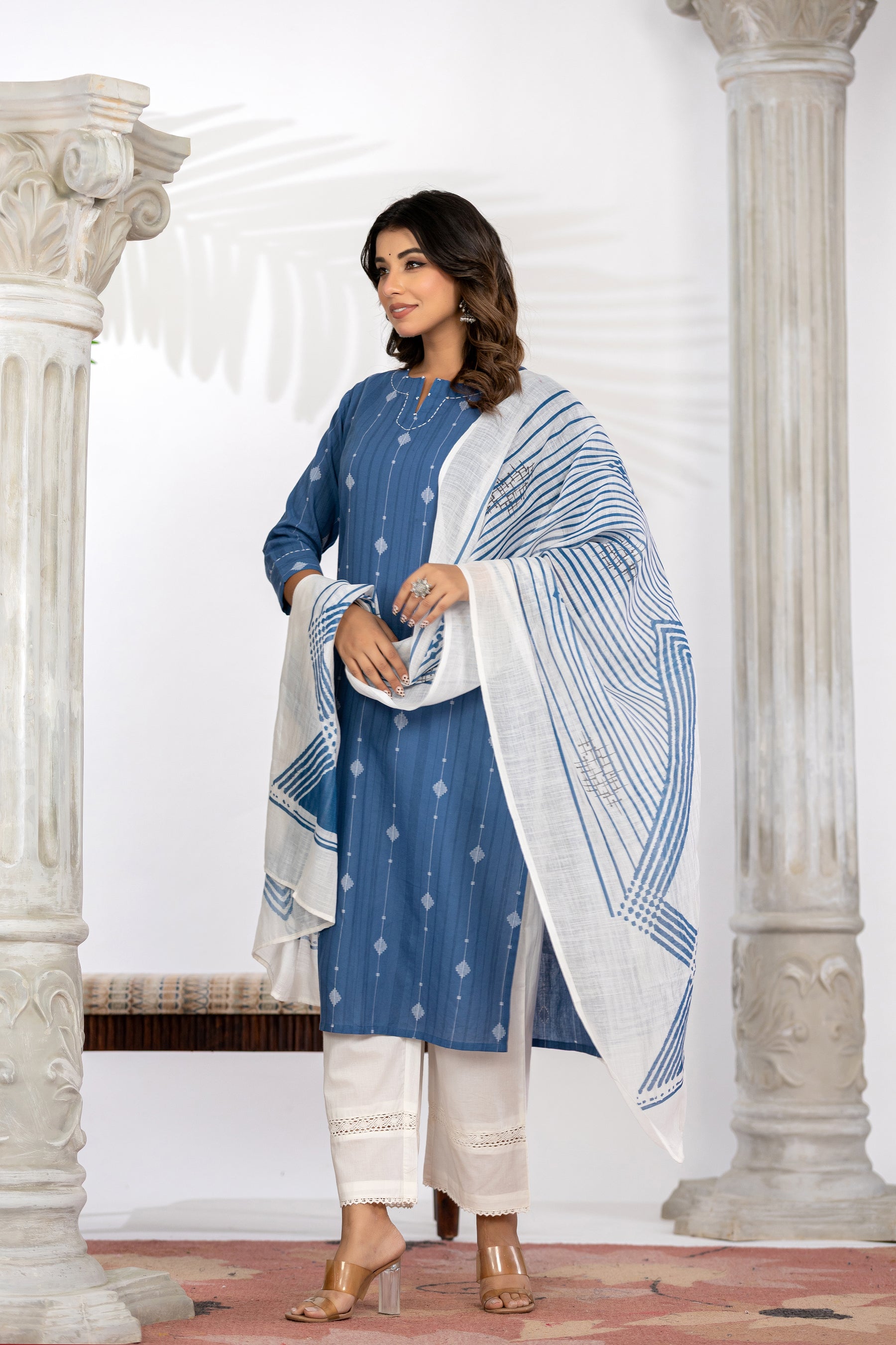 South Cotton Self Weaved Blue Kurta set with Dupatta
