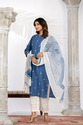 South Cotton Self Weaved Blue Kurta set with Dupatta