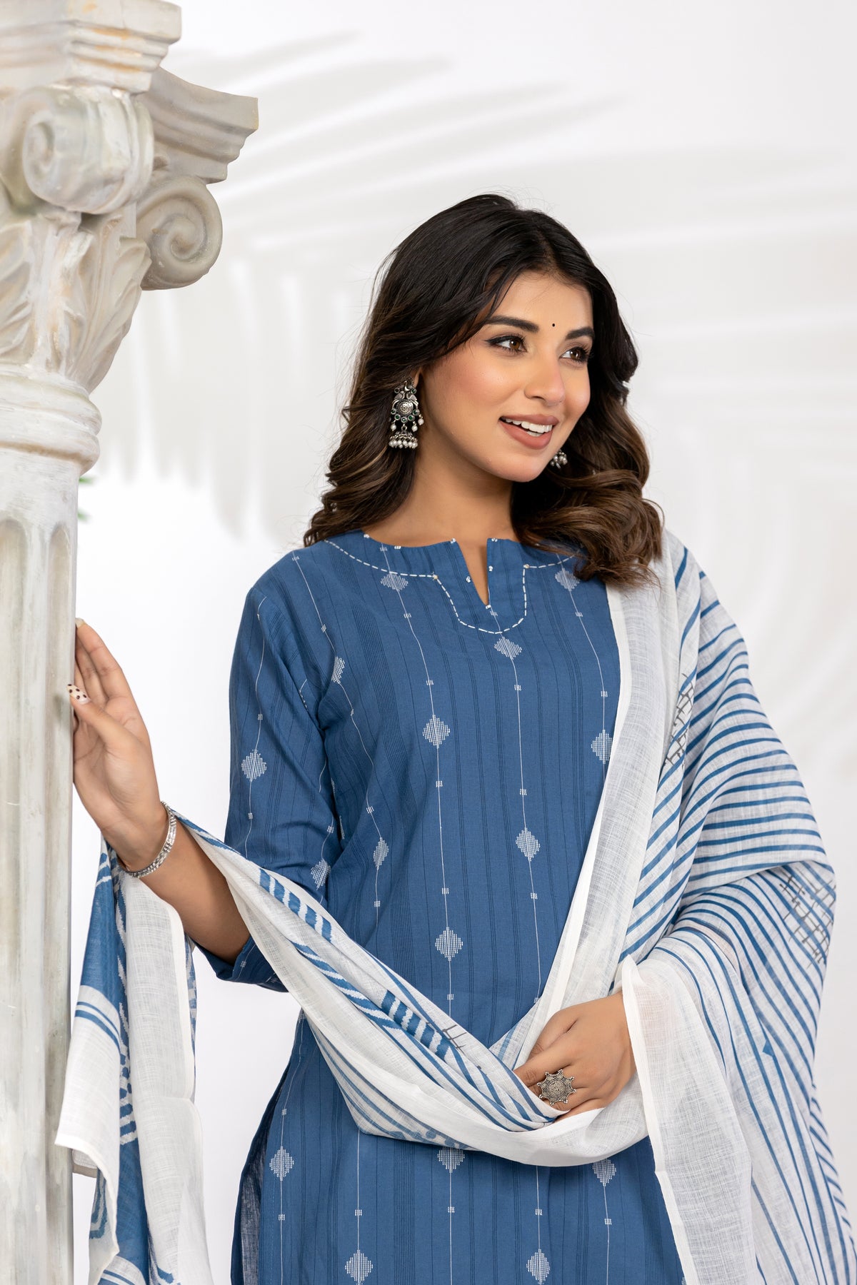 South Cotton Self Weaved Blue Kurta set with Dupatta