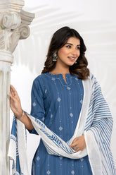 South Cotton Self Weaved Blue Kurta set with Dupatta