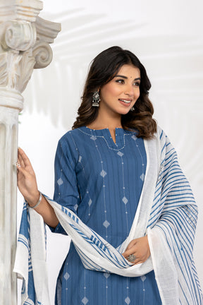 South Cotton Self Weaved Blue Kurta set with Dupatta