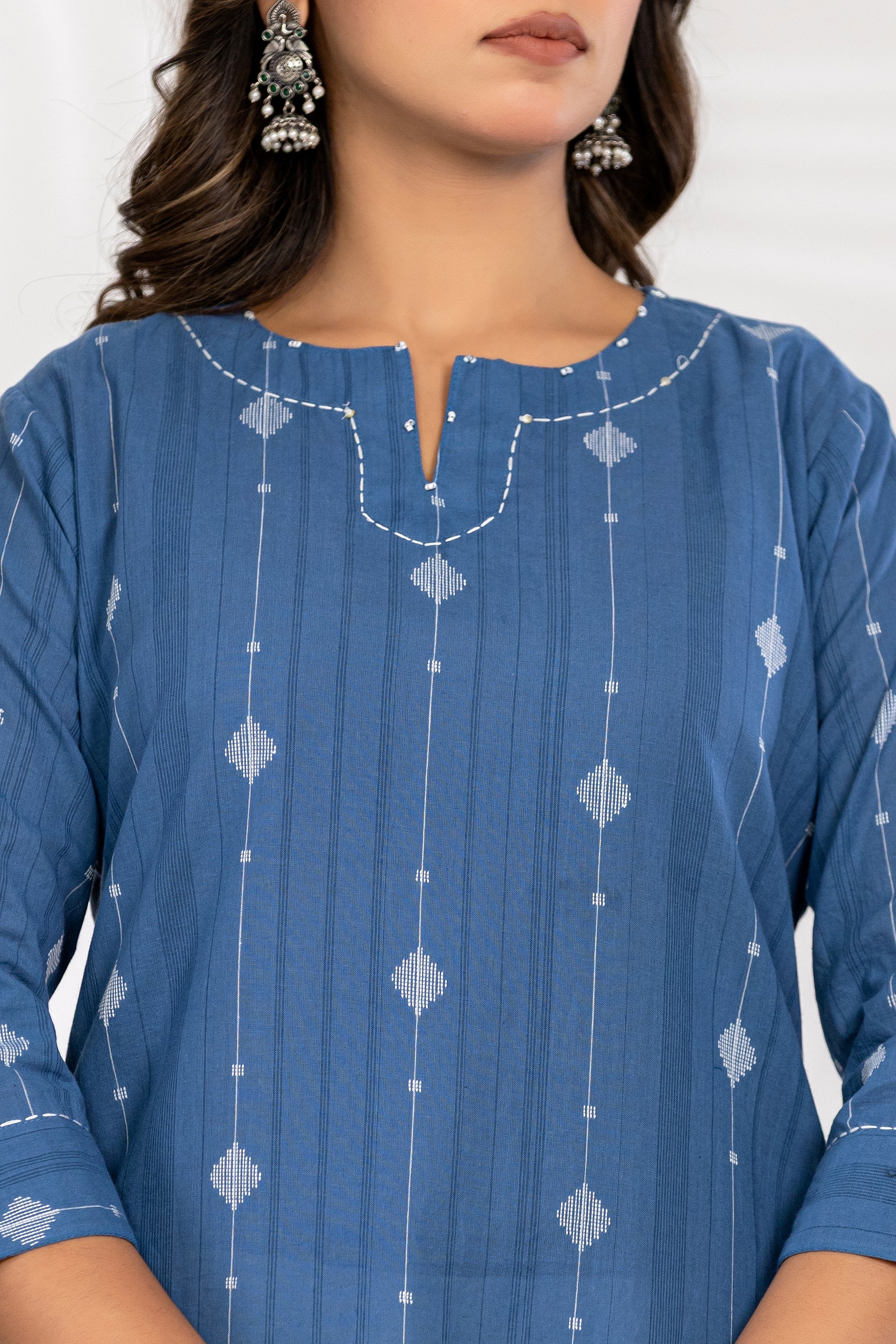 South Cotton Self Weaved Blue Kurta set with Dupatta