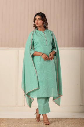 Self textured green cotton kurta set