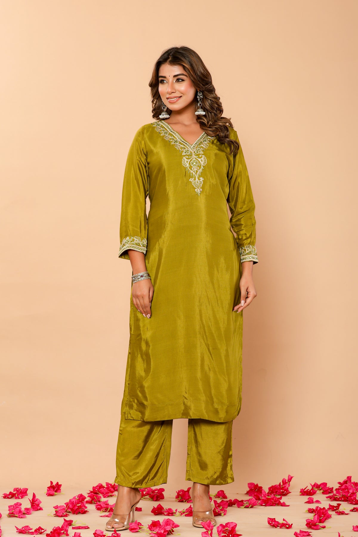 Muslin embroidered green kurta set