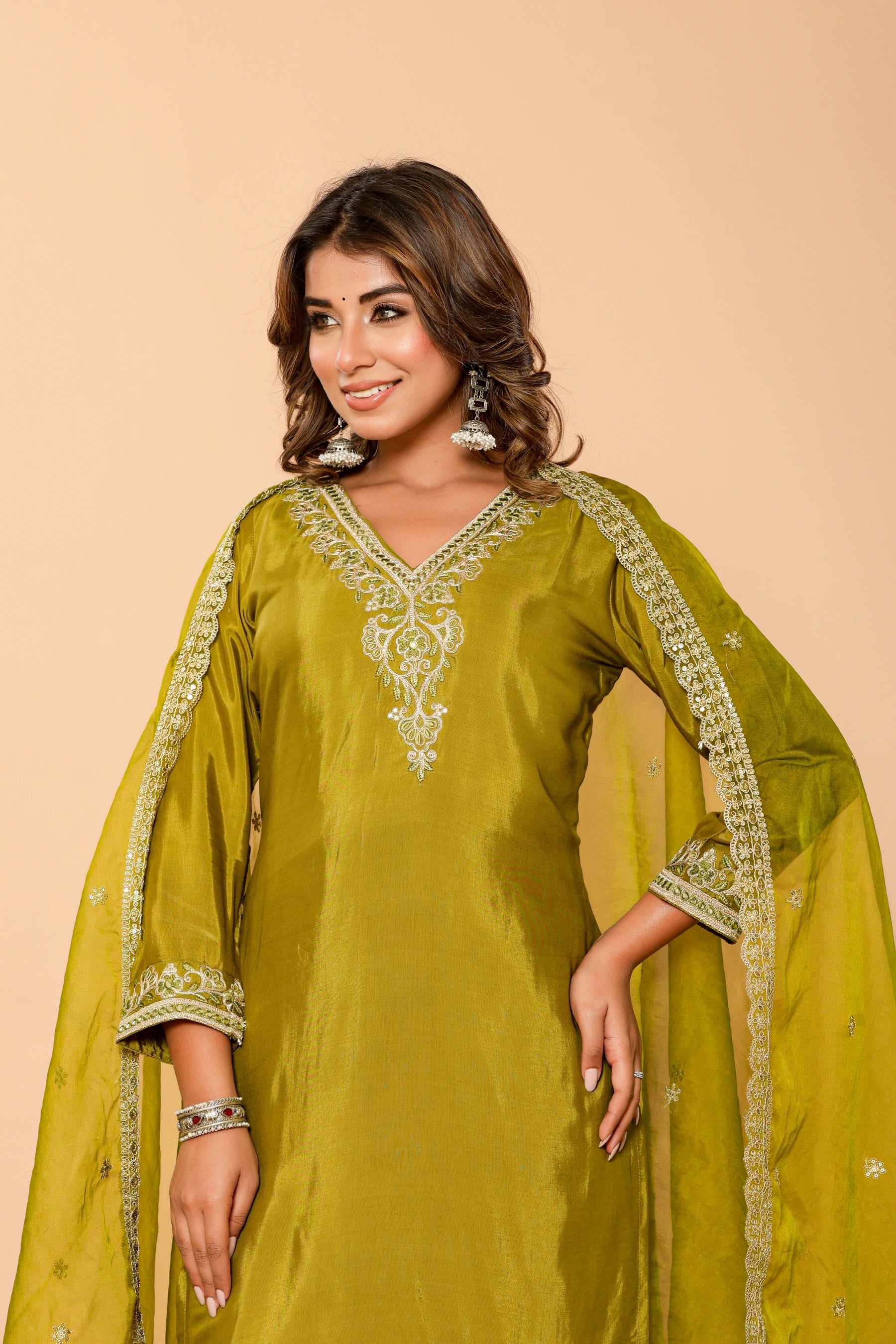 Muslin embroidered green kurta set