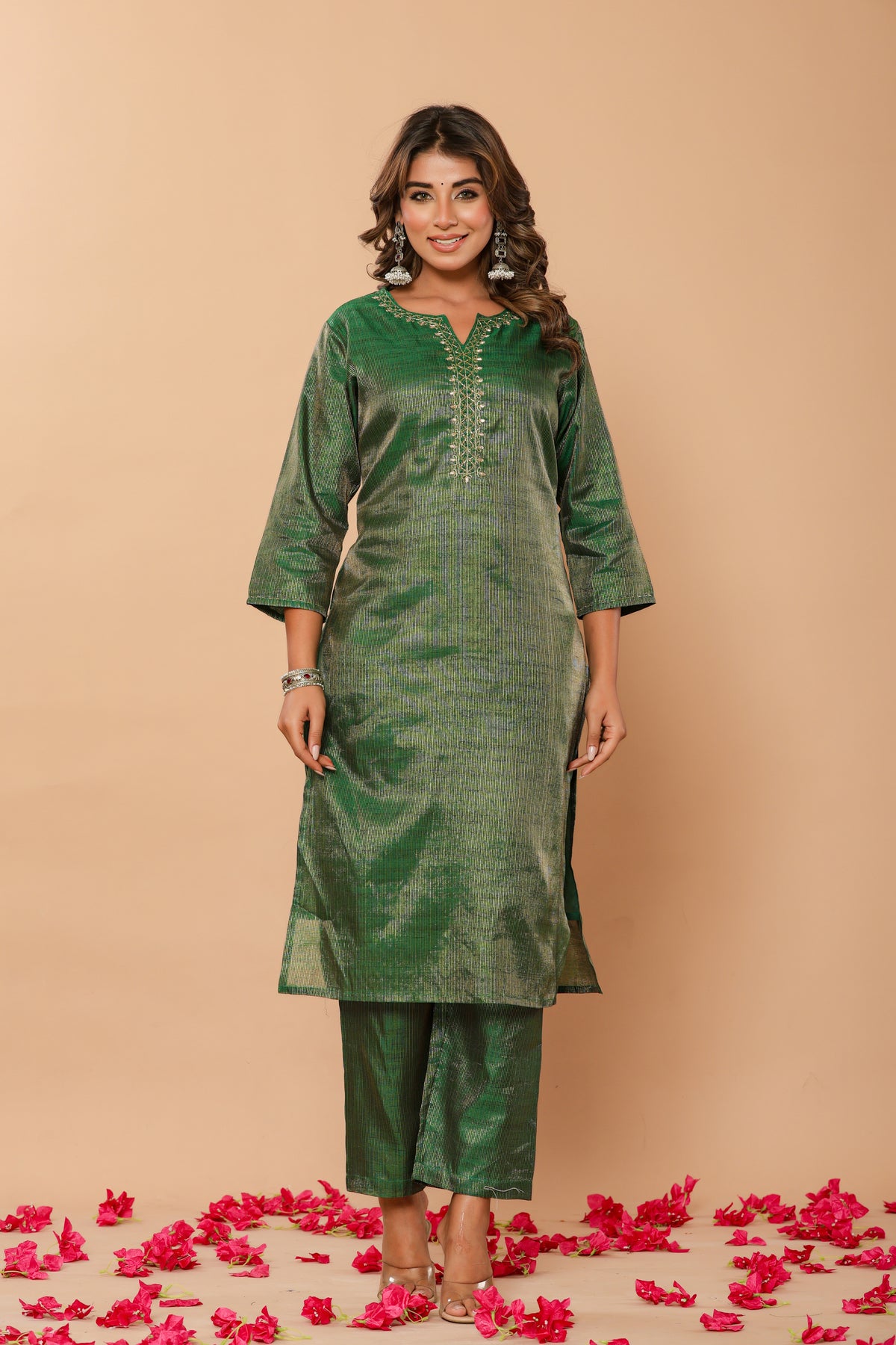 Chanderi green kurta set with banarasi dupatta