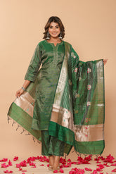 Chanderi green kurta set with banarasi dupatta