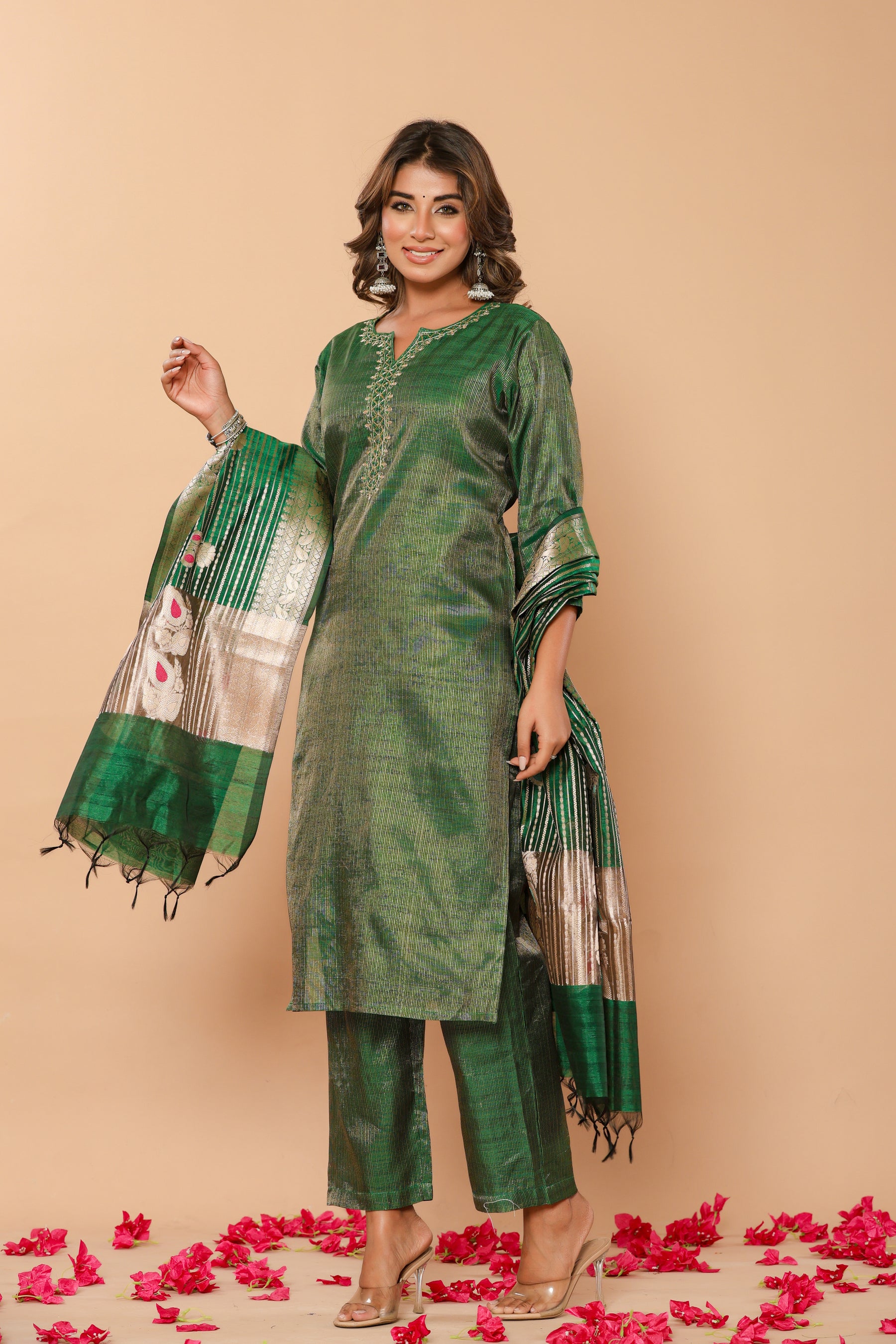 Chanderi green kurta set with banarasi dupatta