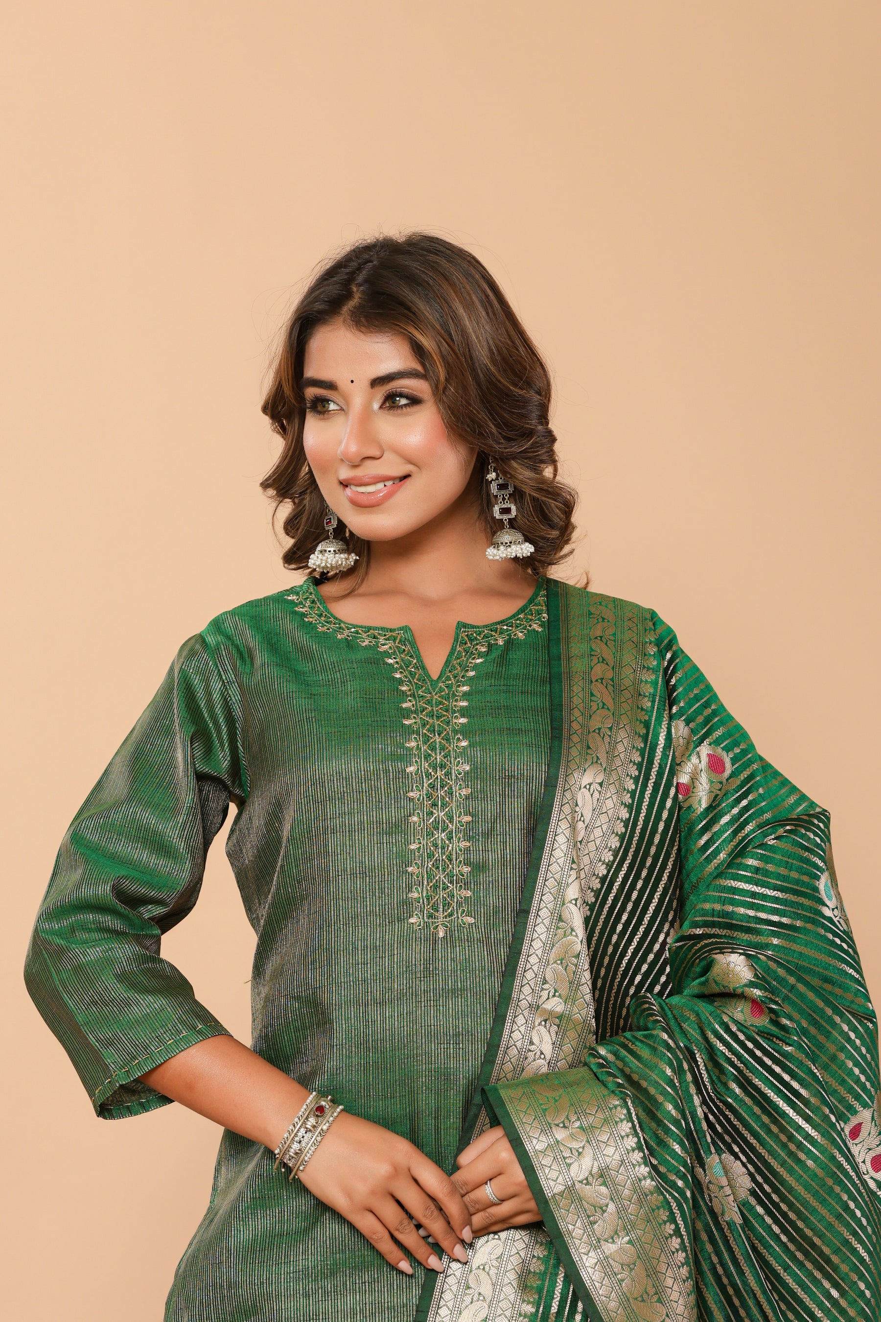 Chanderi green kurta set with banarasi dupatta