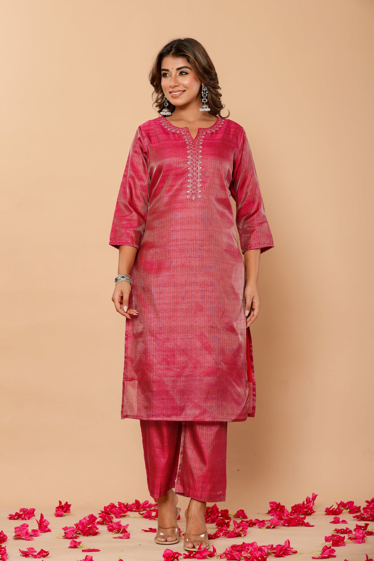 Chanderi pink kurta set with banarasi dupatta