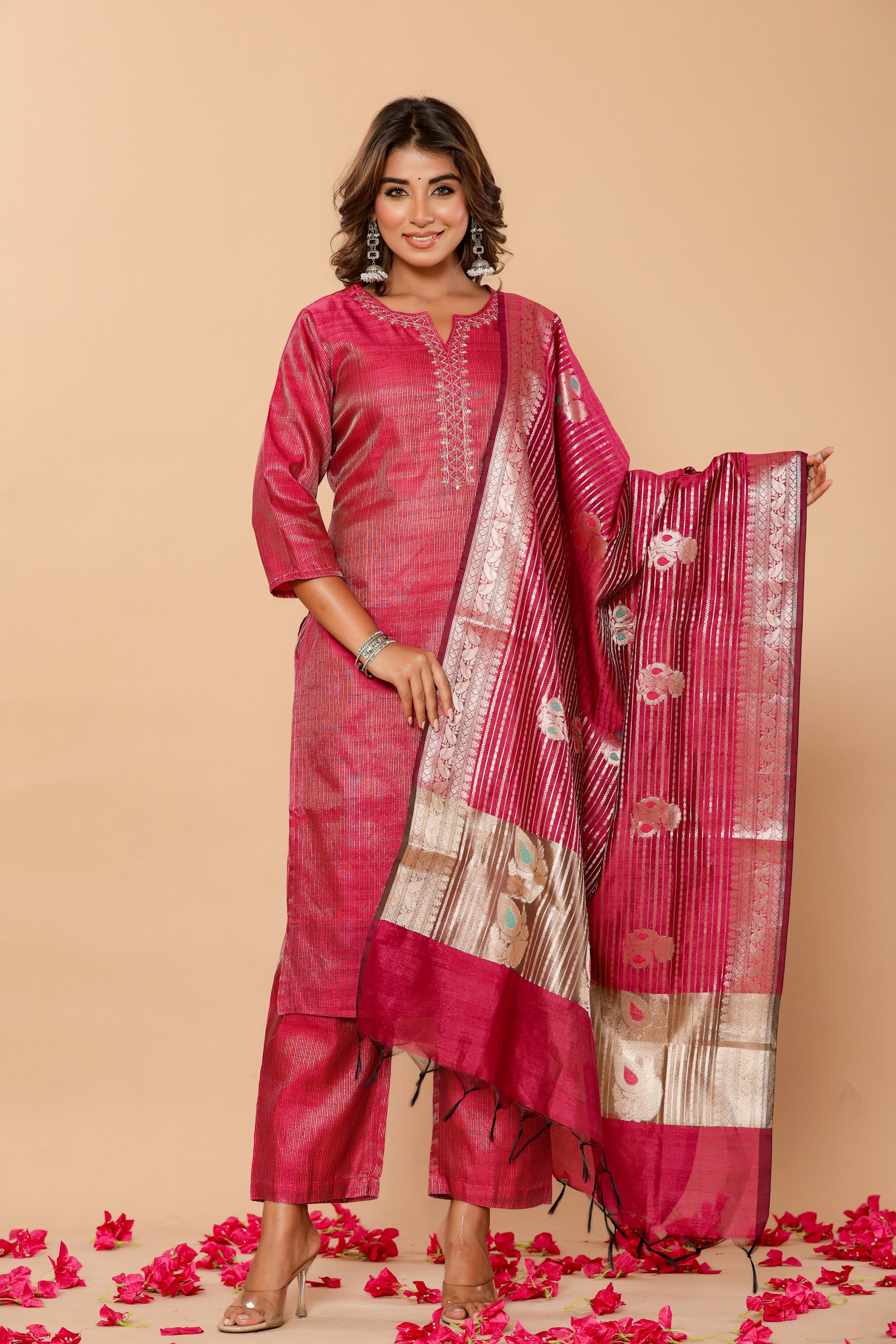 Chanderi pink kurta set with banarasi dupatta