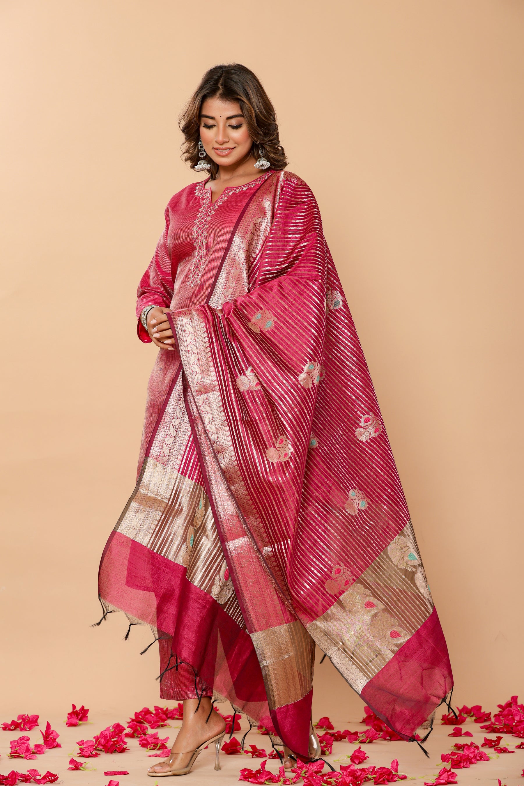 Chanderi pink kurta set with banarasi dupatta