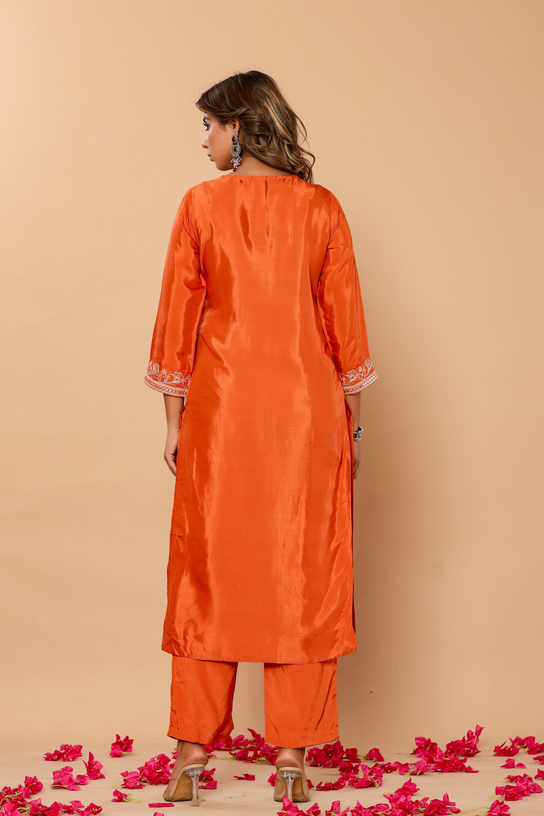 Muslin embroidered orange kurta set