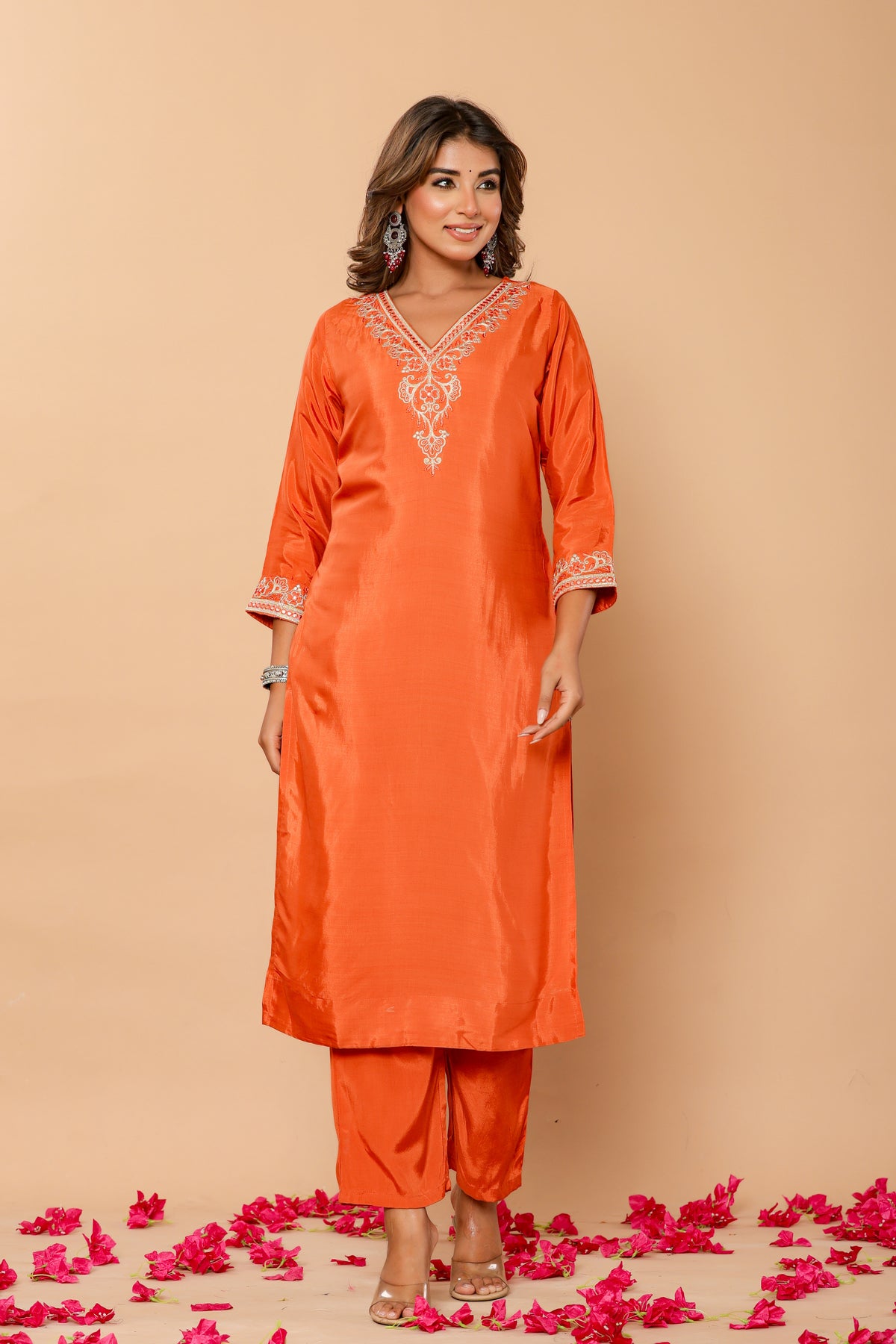 Muslin embroidered orange kurta set