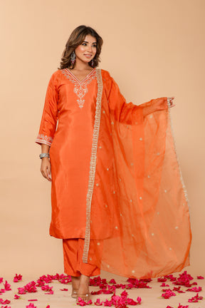 Muslin embroidered orange kurta set