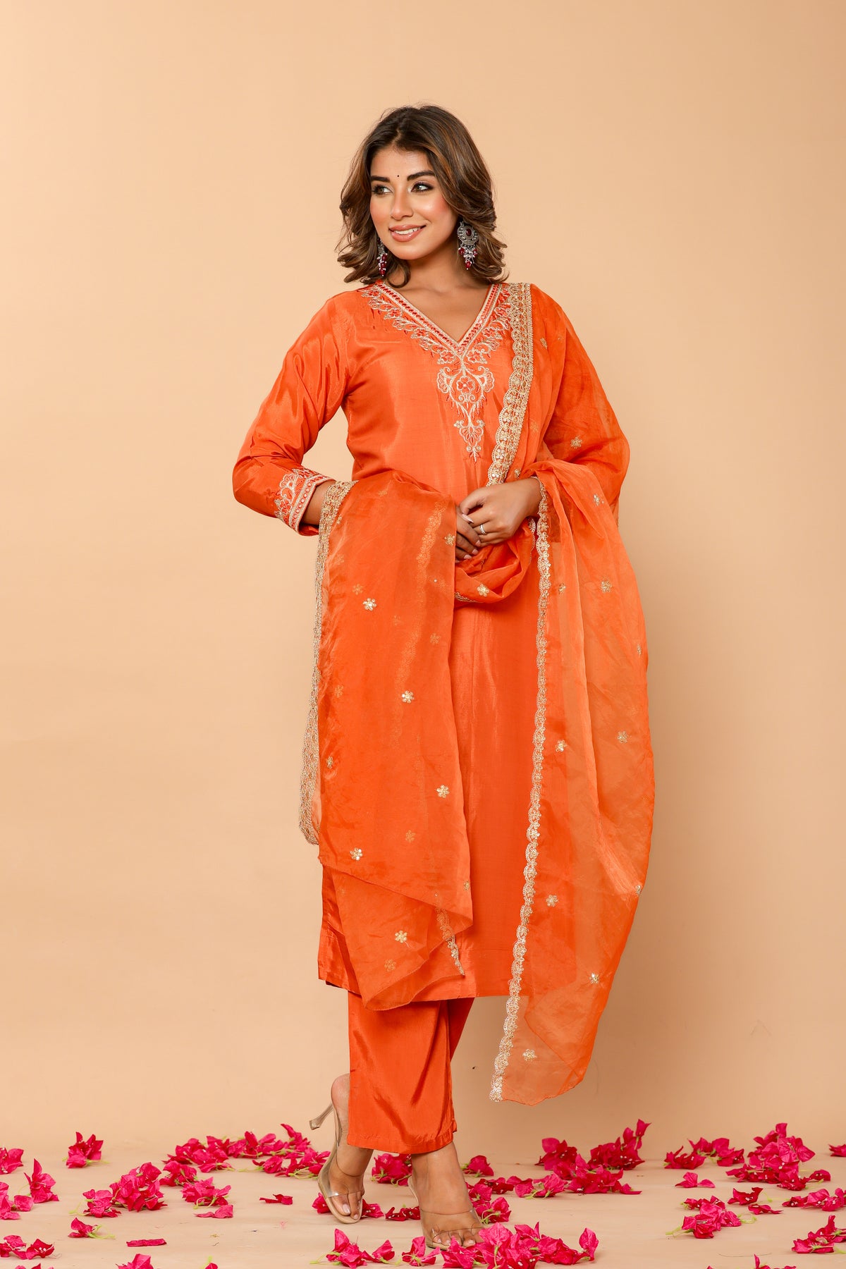 Muslin embroidered orange kurta set