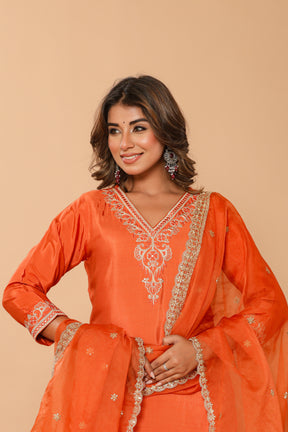 Muslin embroidered orange kurta set