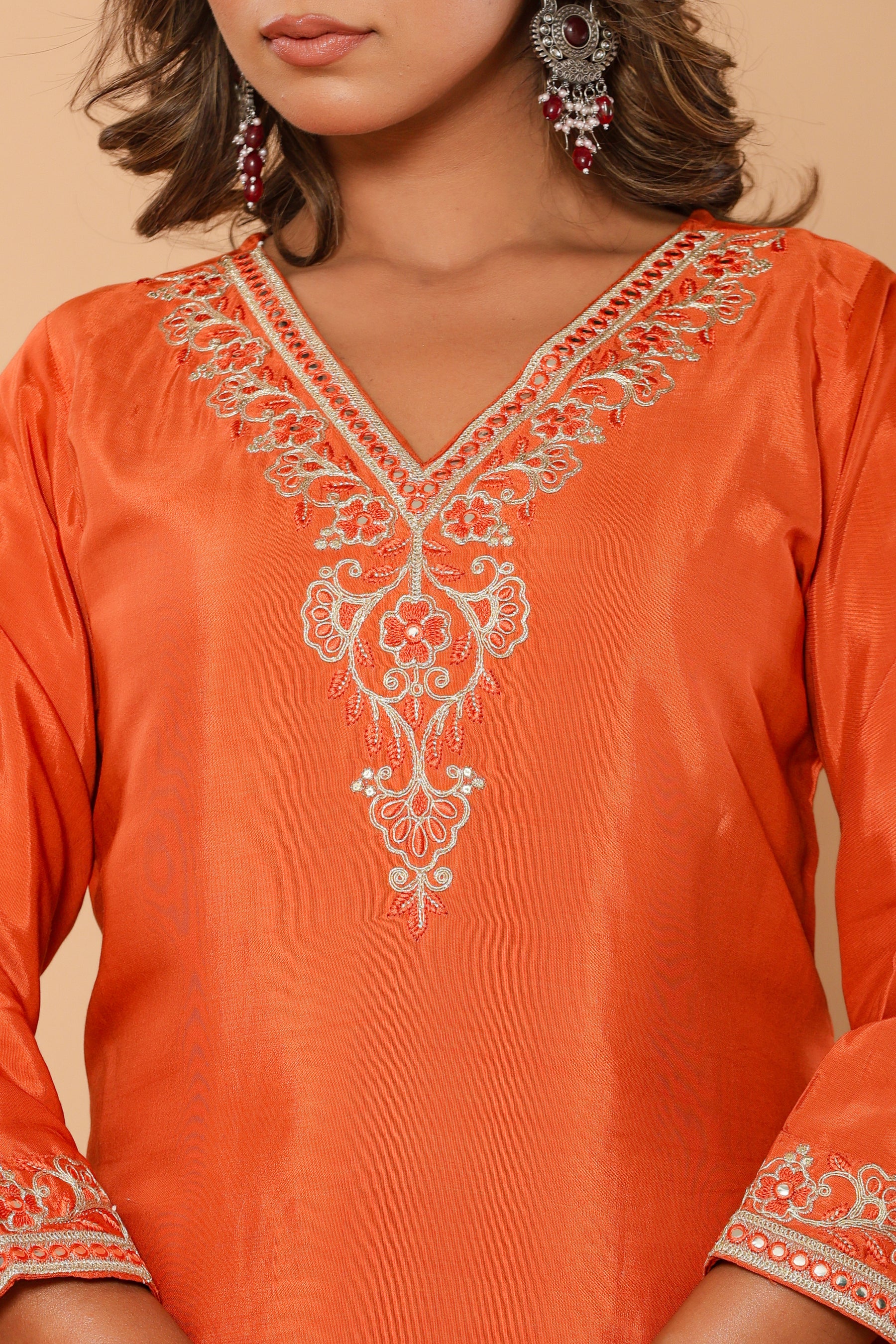 Muslin embroidered orange kurta set