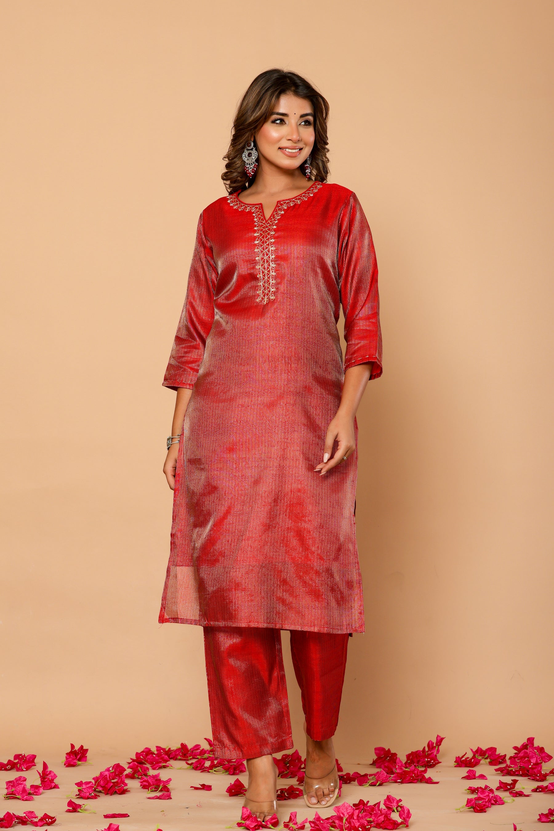 Chanderi red kurta set with banarasi dupatta