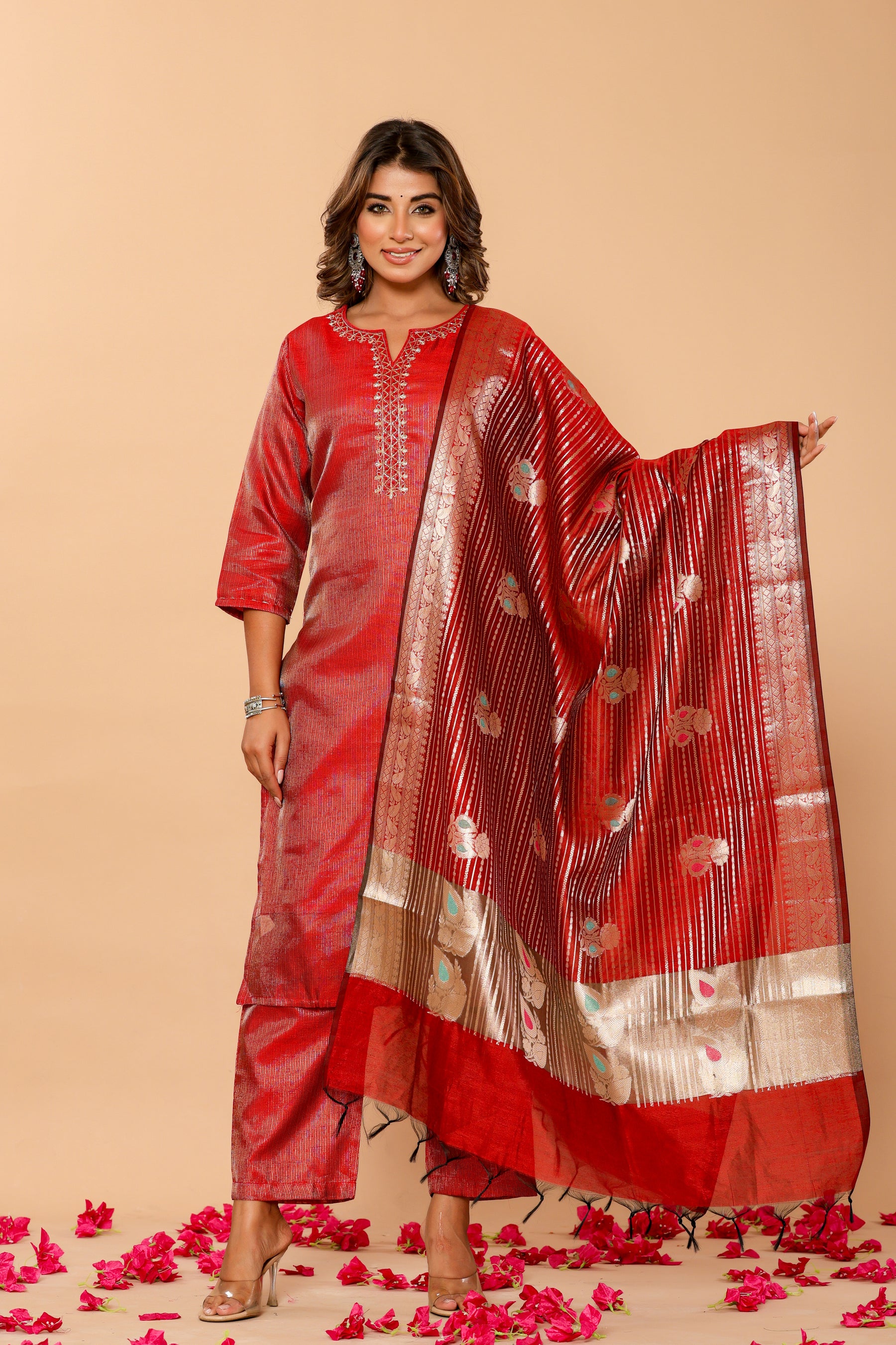 Chanderi red kurta set with banarasi dupatta