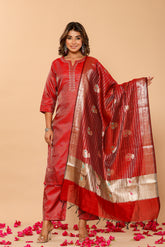 Chanderi red kurta set with banarasi dupatta