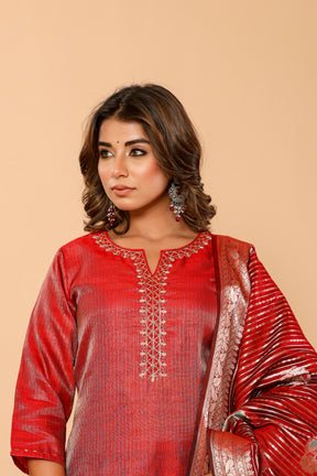 Chanderi red kurta set with banarasi dupatta