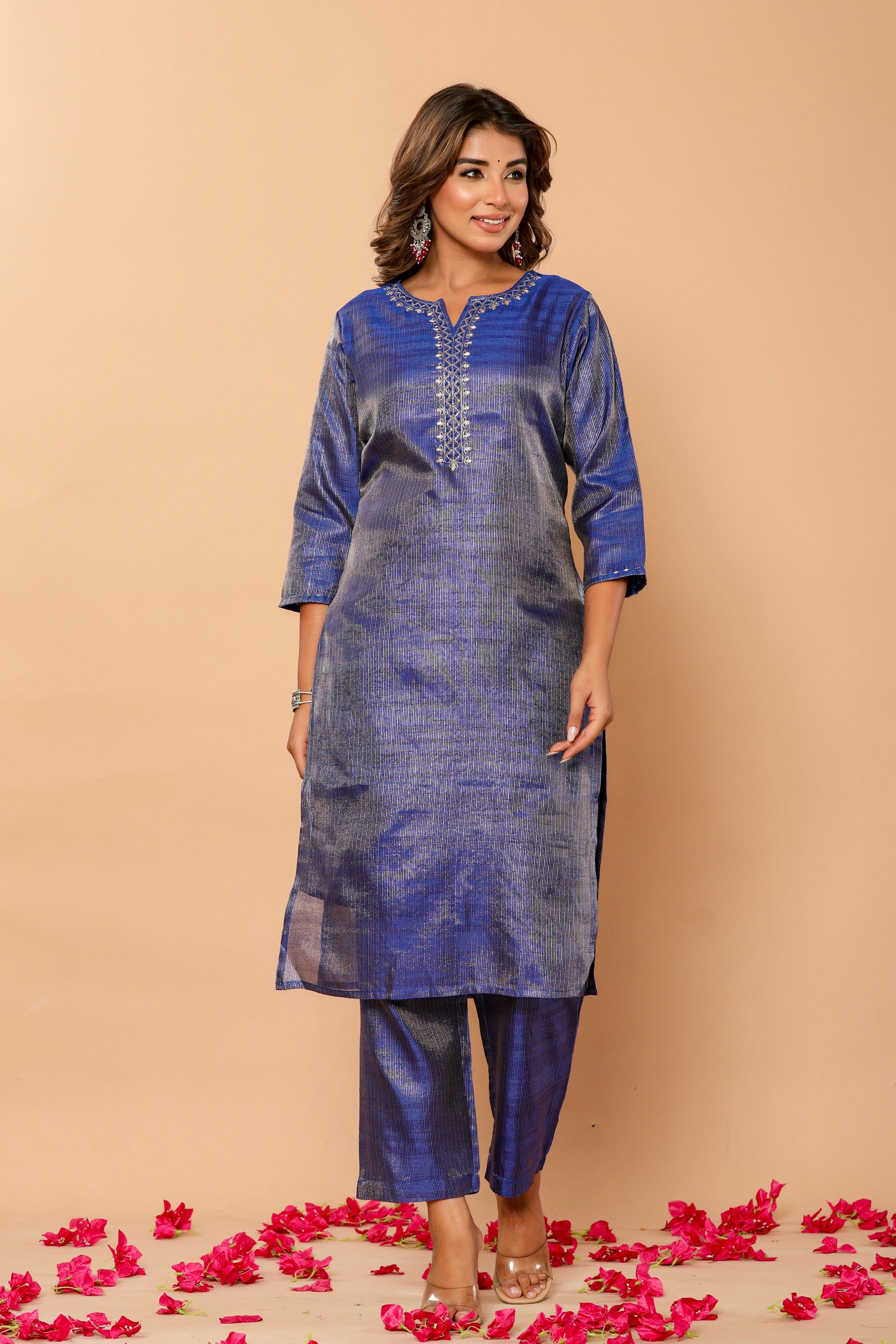 Chanderi navy blue kurta set with banarasi dupatta