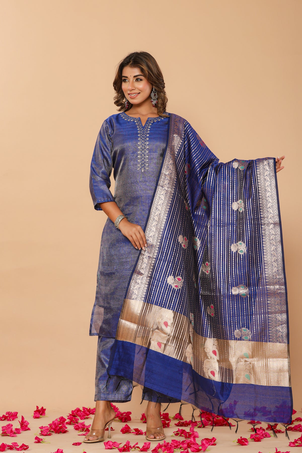 Chanderi navy blue kurta set with banarasi dupatta