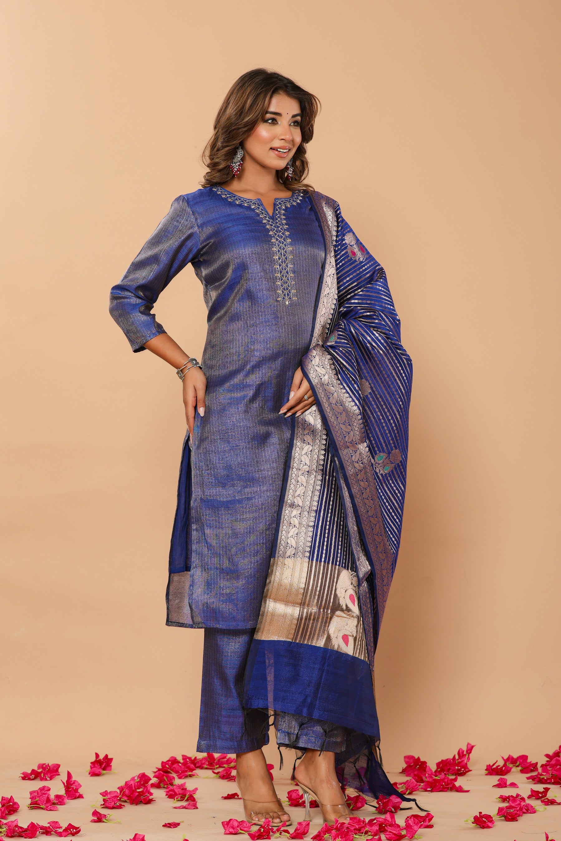 Chanderi navy blue kurta set with banarasi dupatta