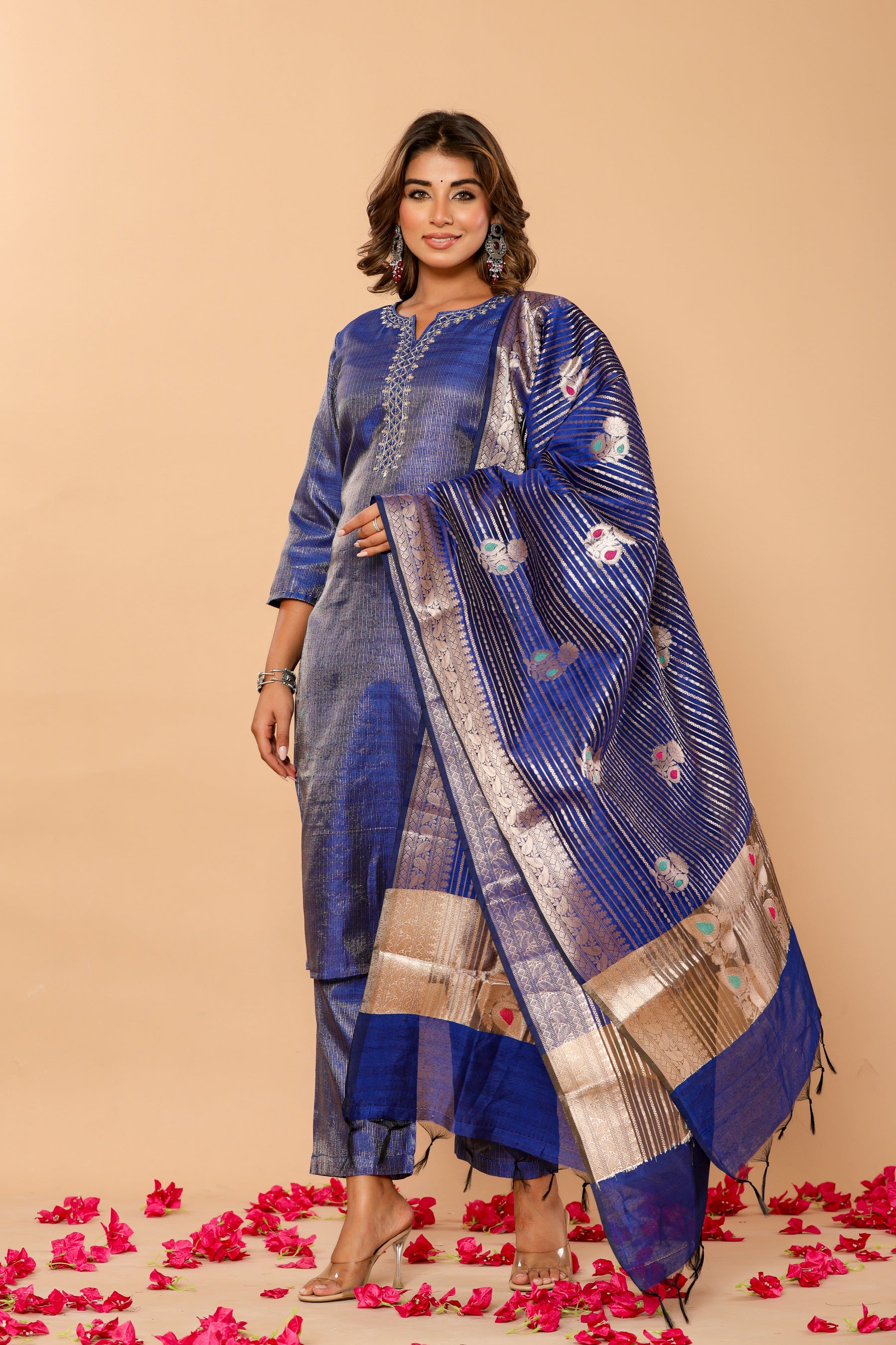 Chanderi navy blue kurta set with banarasi dupatta