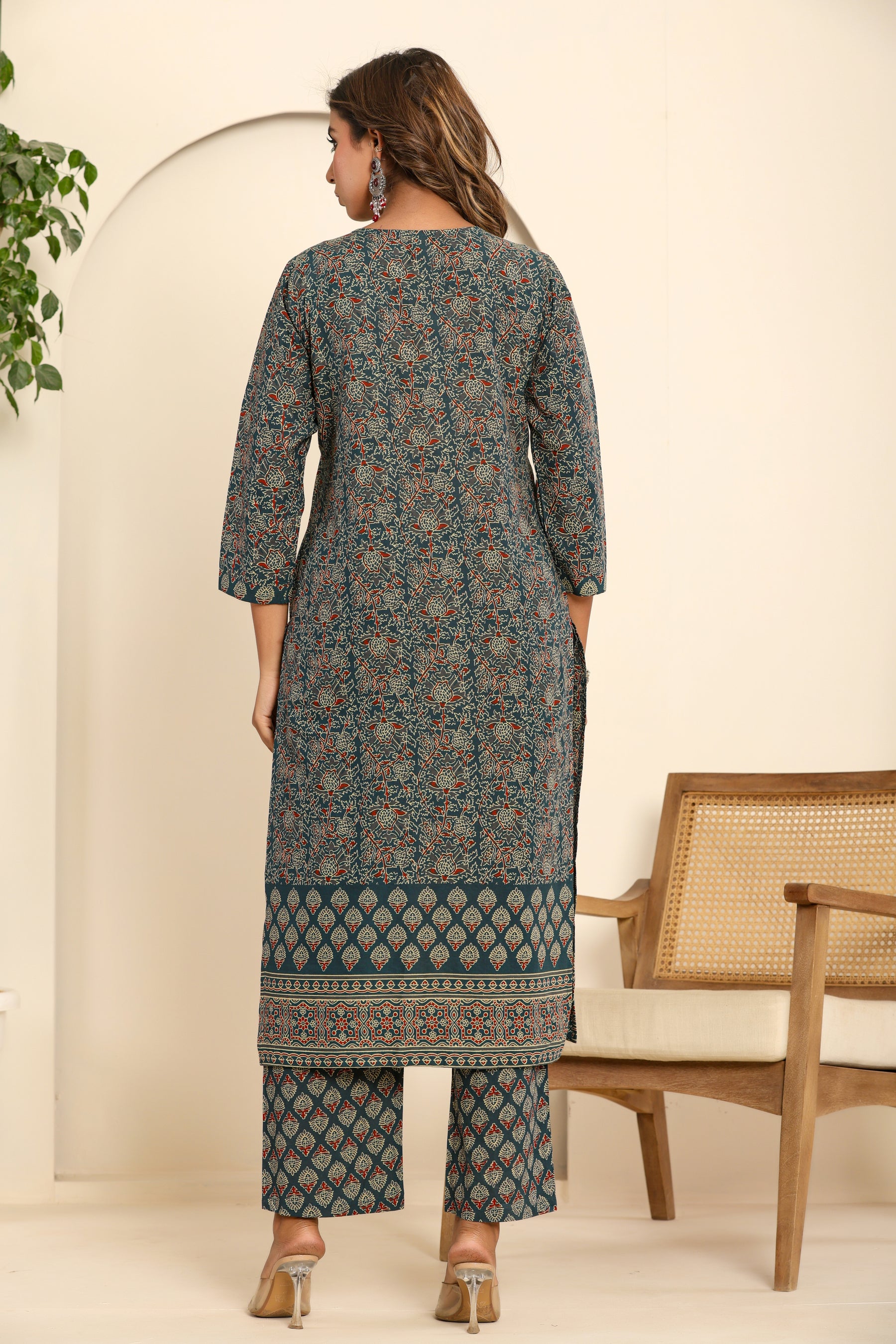 Ajrakh printed navy blue cotton kurta set