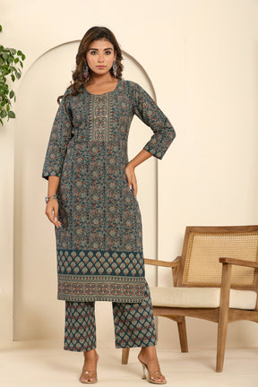 Ajrakh printed navy blue cotton kurta set