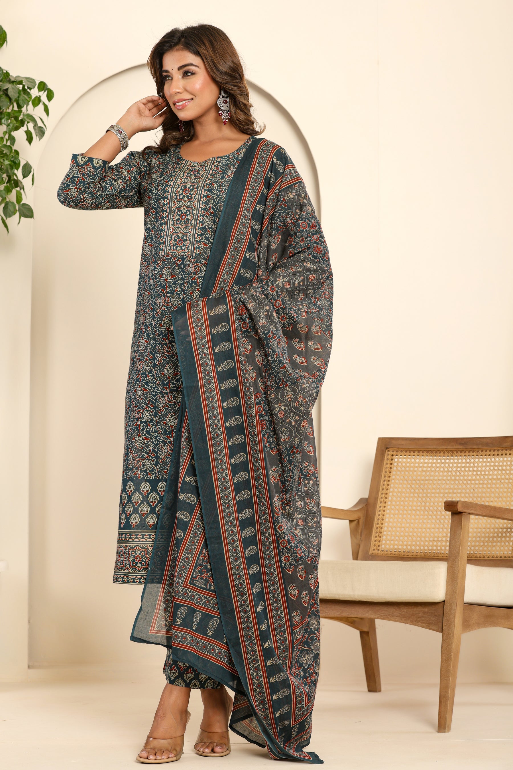 Ajrakh printed navy blue cotton kurta set