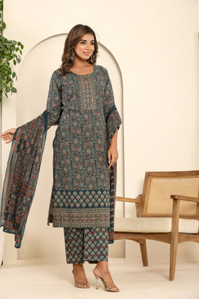 Ajrakh printed navy blue cotton kurta set