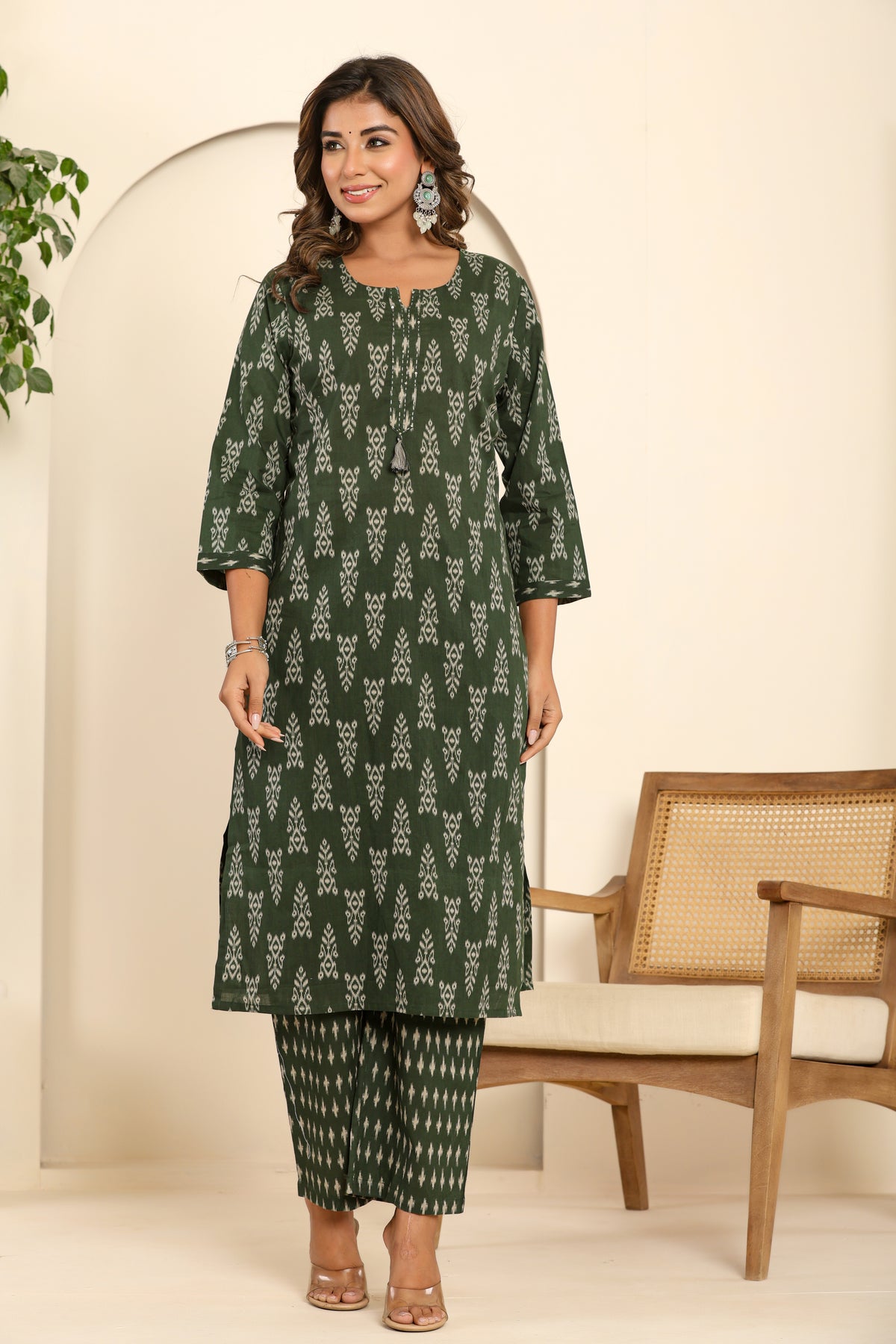 Abstract printed cotton green kurta set