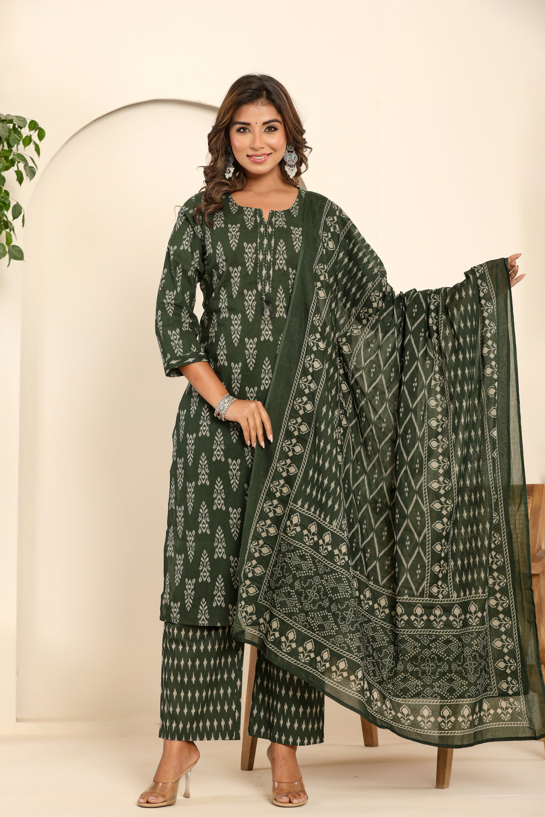 Abstract printed cotton green kurta set