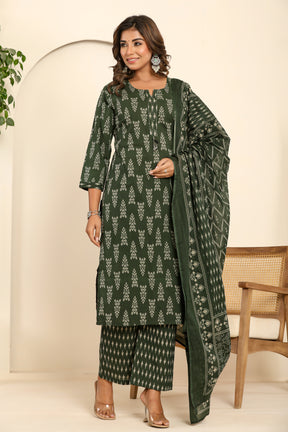 Abstract printed cotton green kurta set