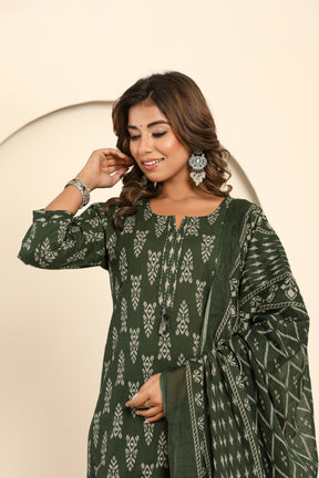 Abstract printed cotton green kurta set