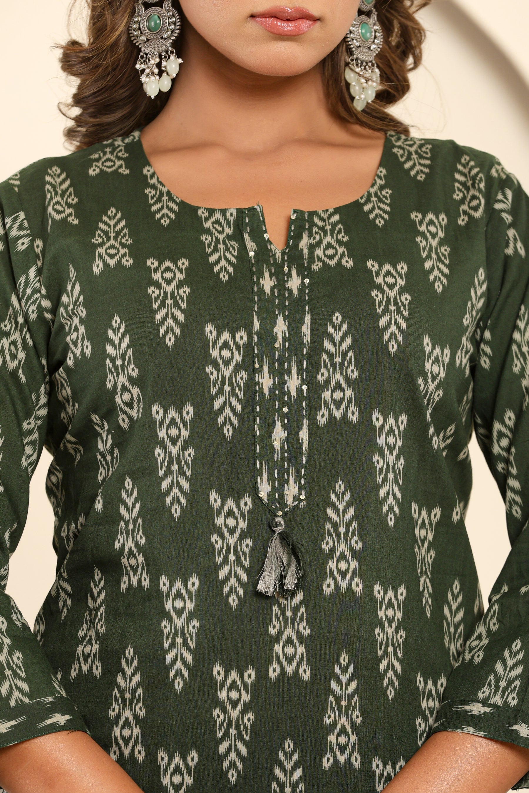 Abstract printed cotton green kurta set