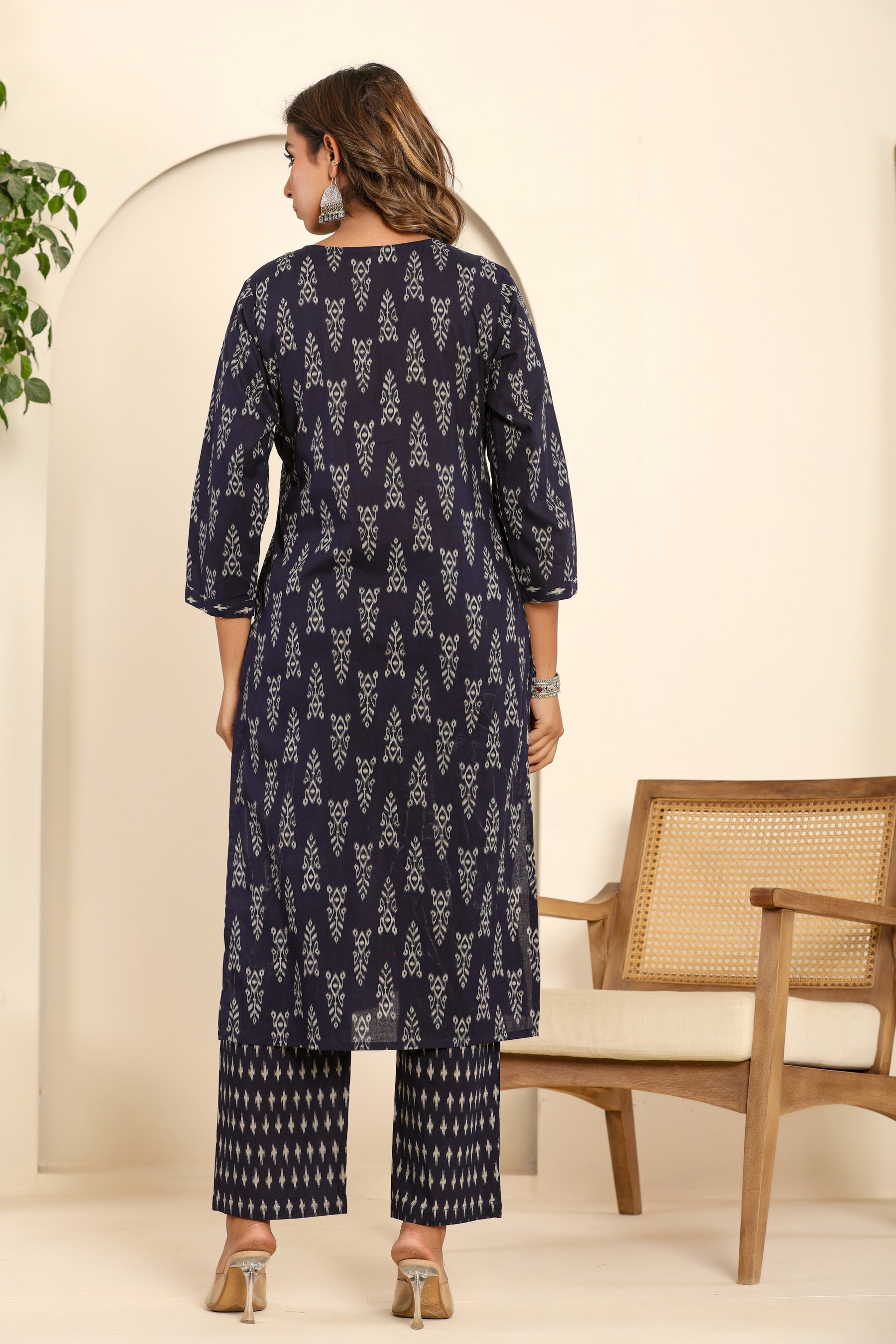 Abstract printed cotton navy blue kurta set