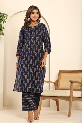 Abstract printed cotton navy blue kurta set